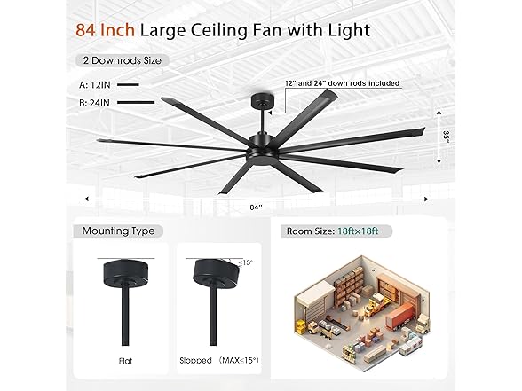 Parrot Uncle F8013 84" Large Ceiling Fan Black