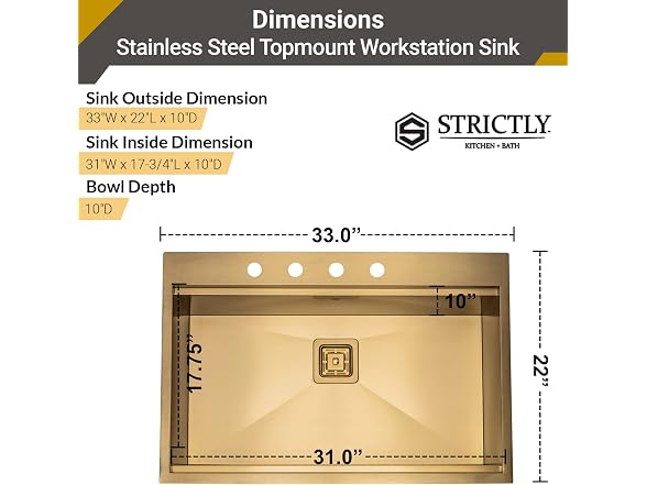 Strictly Sinks 33 Inch Gold Top Mount Workstation  - Gallery 6
