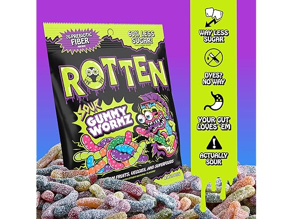 8PK Rotten Sour Gummy Worms - Low Sugar, Low Calorie