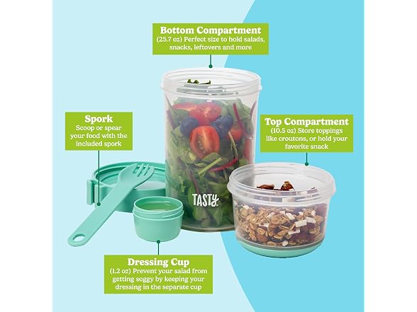 Tasty Salad Shakers with Sporks, 2-Pack Set, Aqua