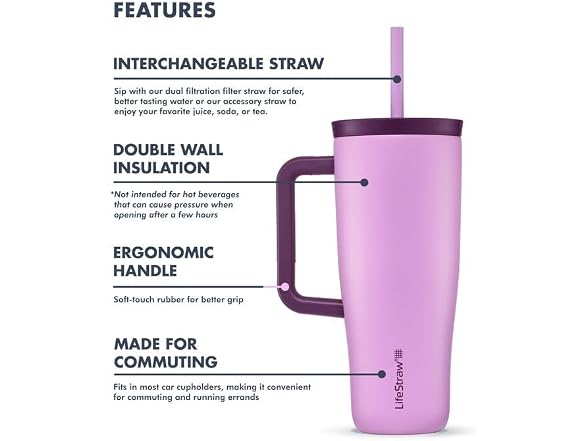 LifeStraw Go Insulated Water Filter Tumbler, 24 oz, Acai