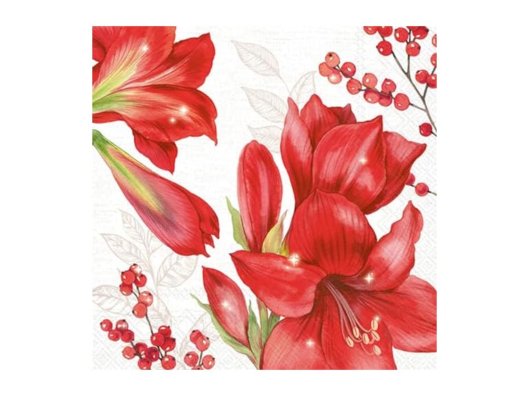 IHR Ideal Home Range Party Napkins Disposable 3-Ply Paper Lunch Napkin Pack, 6.5" x 6.5", Elegant Amaryllis (Cream), 20-Count