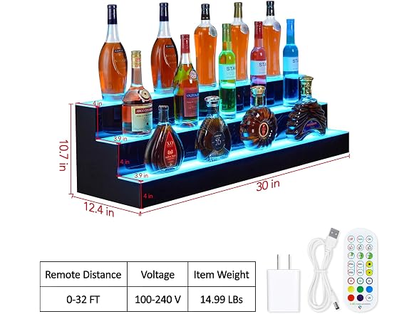 30'' LED Lighted Liquor Bottle Shelf, 3 Tier