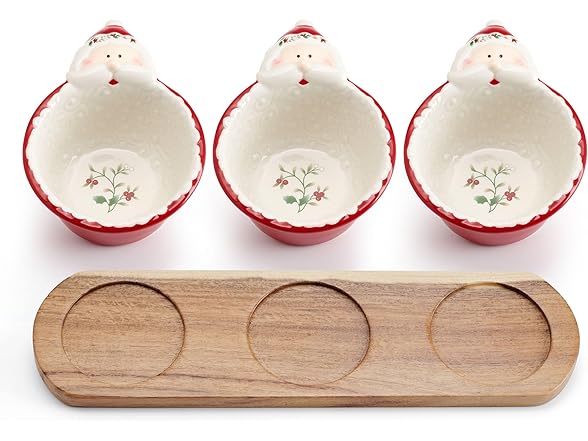 Pfaltzgraff Winterberry Santa Dip Bowls with Wood Base, Set Of 3