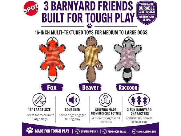 SPOT Dura-Fused Big Ballistic Barnyard Fox Dog Toy
