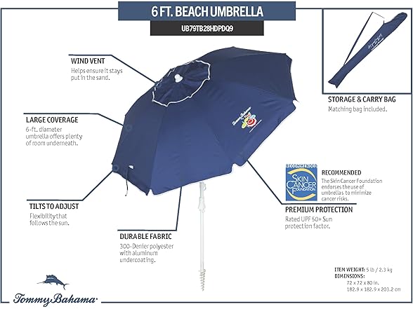 Tommy Bahama 6' UPF 50+ Tilt Beach Umbrella