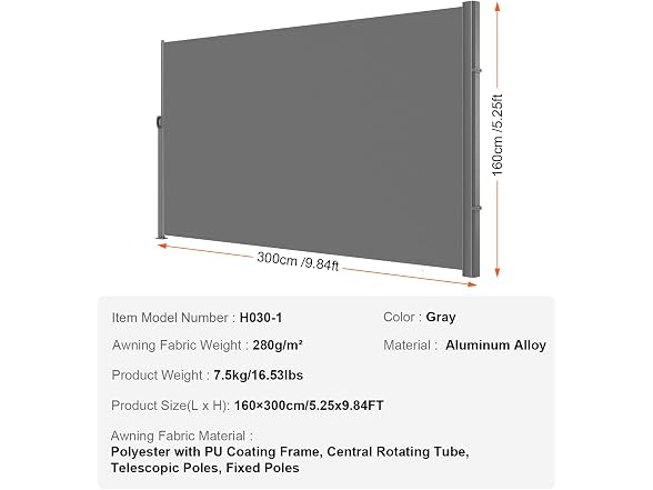 Retractable Side Awning, 63''x 118'' Aluminum