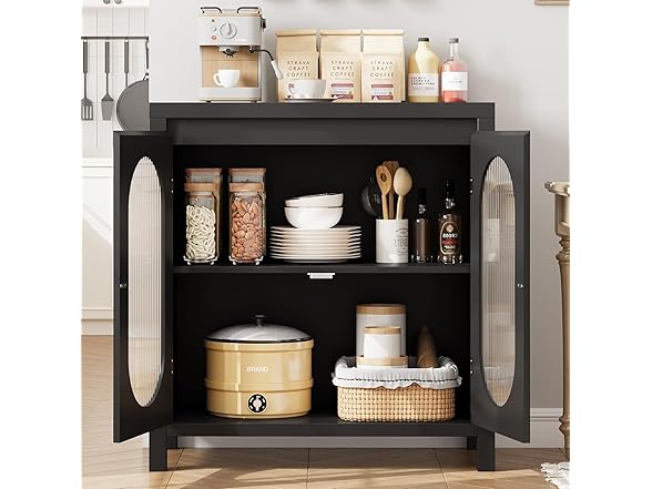 Retro Storage Cabinet, 30.1" Buffet Cabinet with Fluted Glass Doors Black