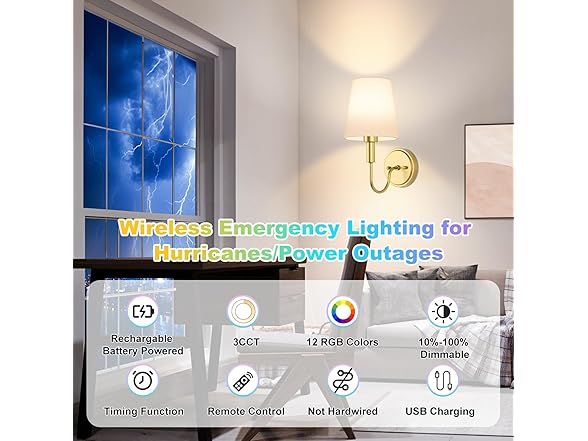 Wireless Rechargeable Wall Sconce, 2 Pack -Choose Color