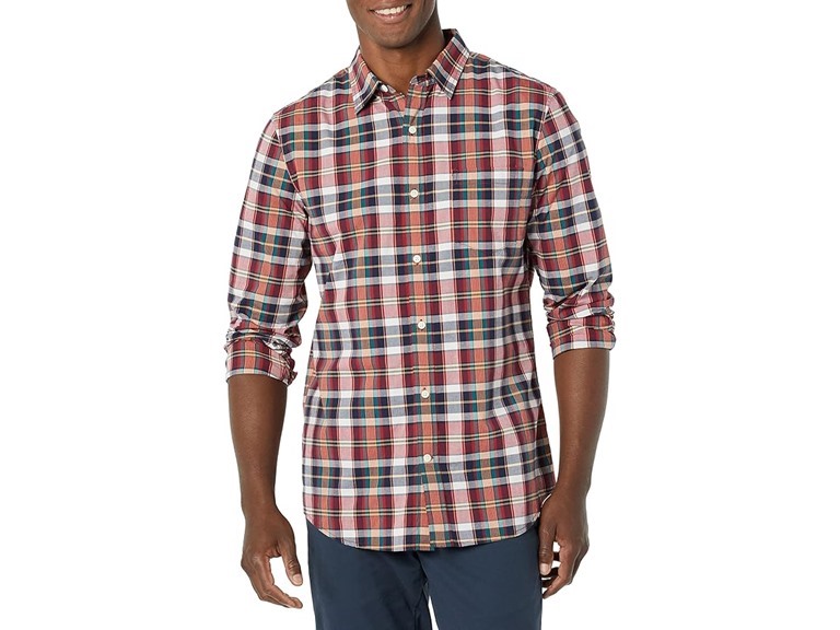 Amazon Essentials Men's Long-Sleeve Slim-Fit Stretch Poplin Shirt, Navy Red White Plaid, XX-Large
