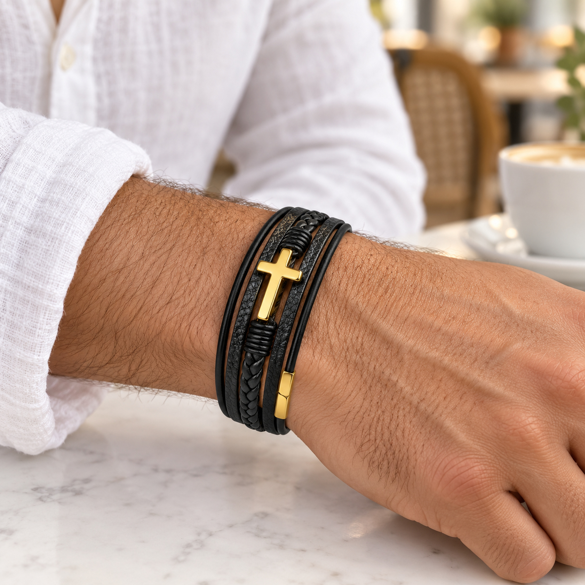 Mens Braided Leather Cross Bracelet - Gallery 6