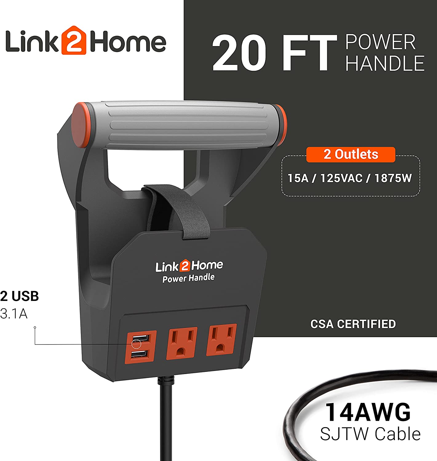 Link2Home Power Handle 20' Extension Cord - Gallery 10
