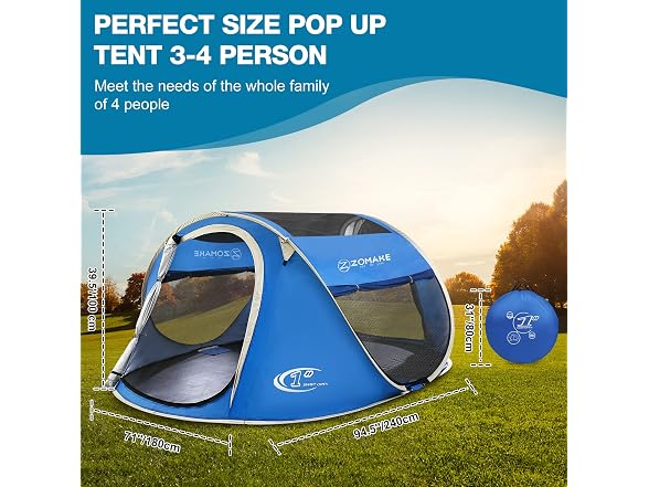 ZOMAKE Easy Pop Up Tent, 4-Person, Blue
