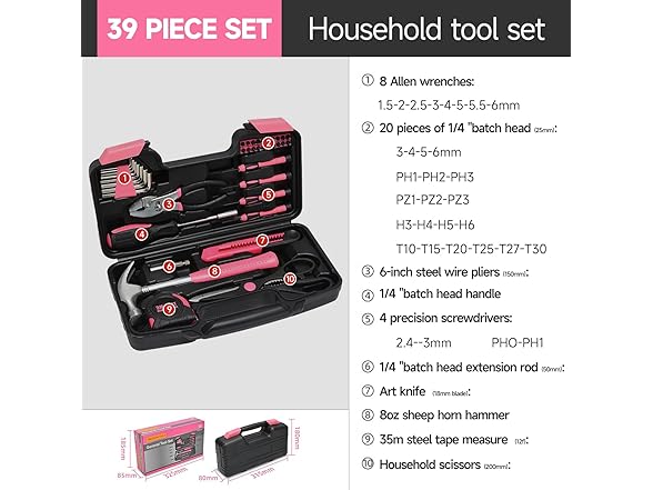 39Pc Household Tool Set Pink Women
