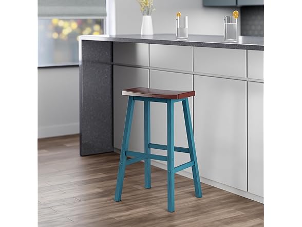 Winsome Satori Saddle Seat 29In Bar Stool Rustic Teal and Walnut
