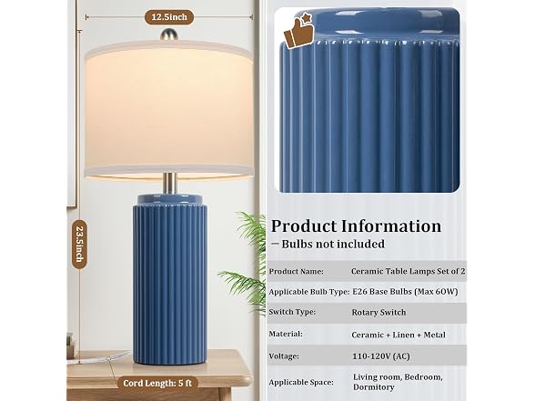 TOBUSA 23.5" Blue Ceramic Table Lamps Set of 2