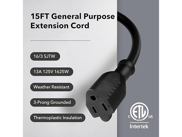 BN-LINK 15 ft Indoor/Outdoor Extension Cord 16/3 SJTW, Blac
