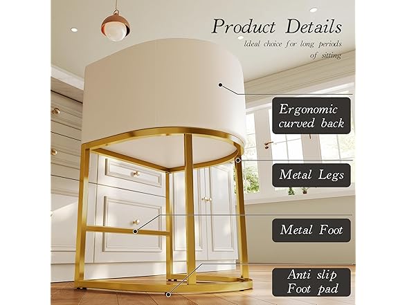LVHOMLAX Modern Counter Height Bar Stools,Bar Stools Set of 3,Faux Leather Upholstered Barrel Barstools with Backs,26'' Kitchen Island Chairs,Gold Metal Frames,Beige White Leather (Open Box)