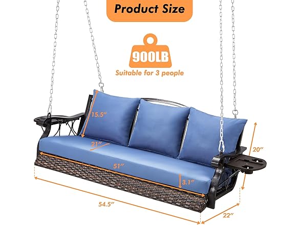 ZZW Heavy Duty 900 LBS Porch Swing Chair