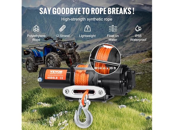 Electric Winch, 12V 4500 lb Load Capacity Nylon