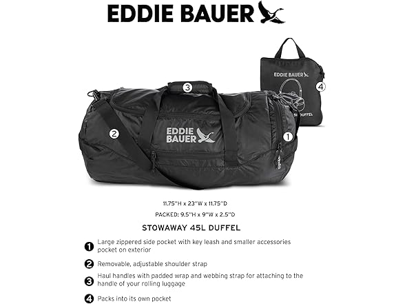 Eddie Bauer Stowaway Packable Duffel Bag, Dark Smoke