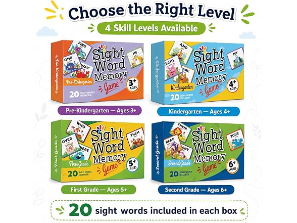 Sight Word Memory Game for Kids Ages 4-8, Matching Card Game