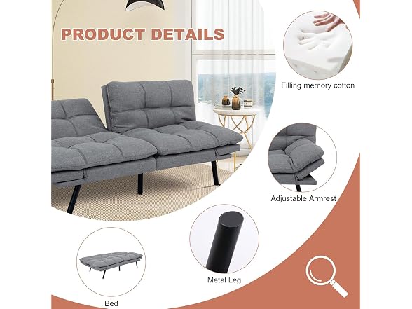 MUUEGM 71" Futon Sofa Bed, Memory Foam