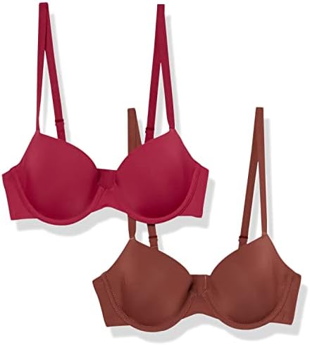 Amazon Essentials Women's Demi Cup Microfiber Bra with Adjustable Straps, Pack of 2, Chocolate/Red, 34D