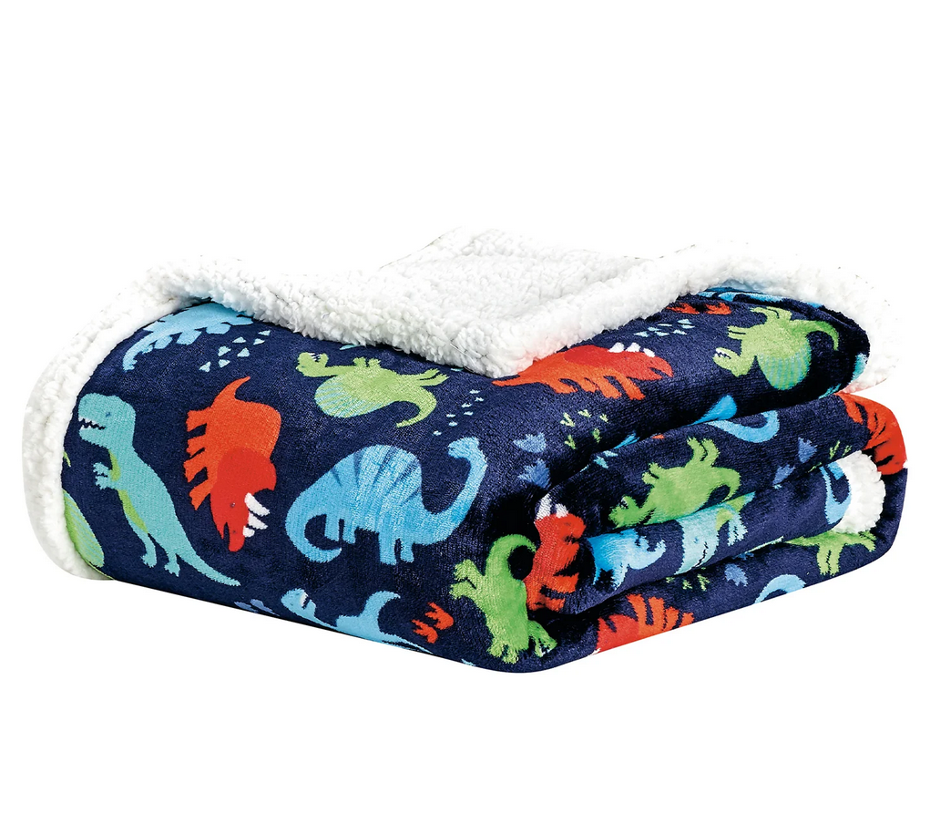 Navy Dino Faux Shearling Sherpa Throw Blanket - Gallery 4