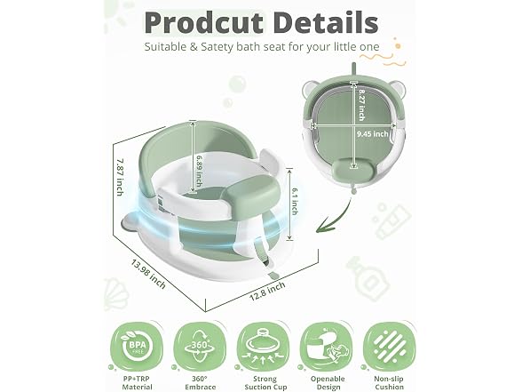 ONTHEWEI Mist Green Baby Bath Seat