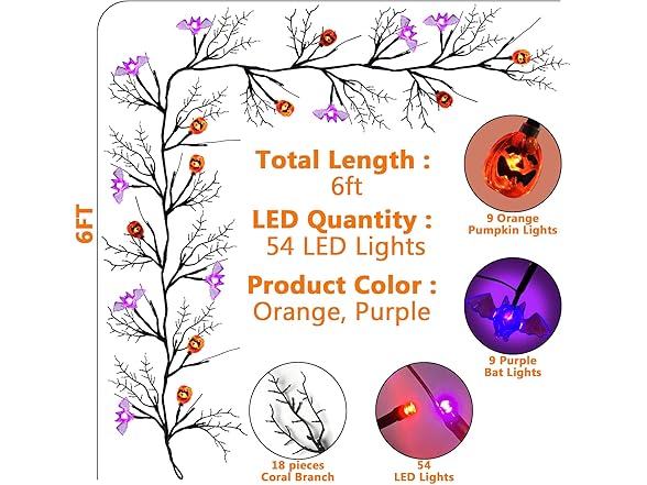 SURCVIO 6 Ft 54 LED Halloween Pumpkins and Bats