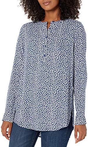 Amazon Essentials Women's Long-Sleeve Woven Blouse, Navy White Petals, Small
