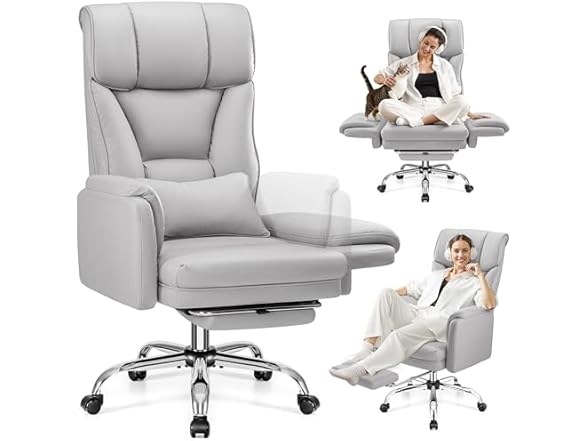 Big and Tall Office Chair, 400LBS Wide Leather Gaming Chair, High Back Executive Chair, Reversible Armrest for Pets 135° Reclining Cross Legged Desk Chair with Lumbar Support Footrest(Silver Gray) (Open Box)