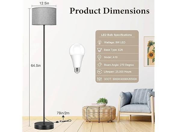 TOBUSA 65’’ Tall Floor Lamp with Grey Shade