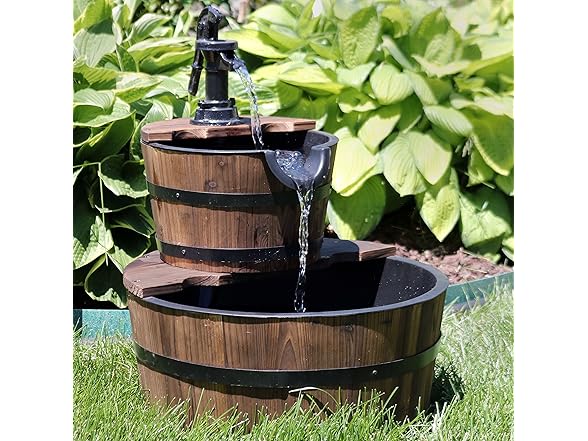 Sunnydaze 2-Tier Wood Barrel Water Fountain - 23-Inch