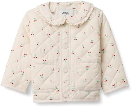 Amazon Essentials x Sofia Grainge Baby Girls' Midweight Quilted Field Jacket with Ruffle, Ivory Cherries, 12 Months