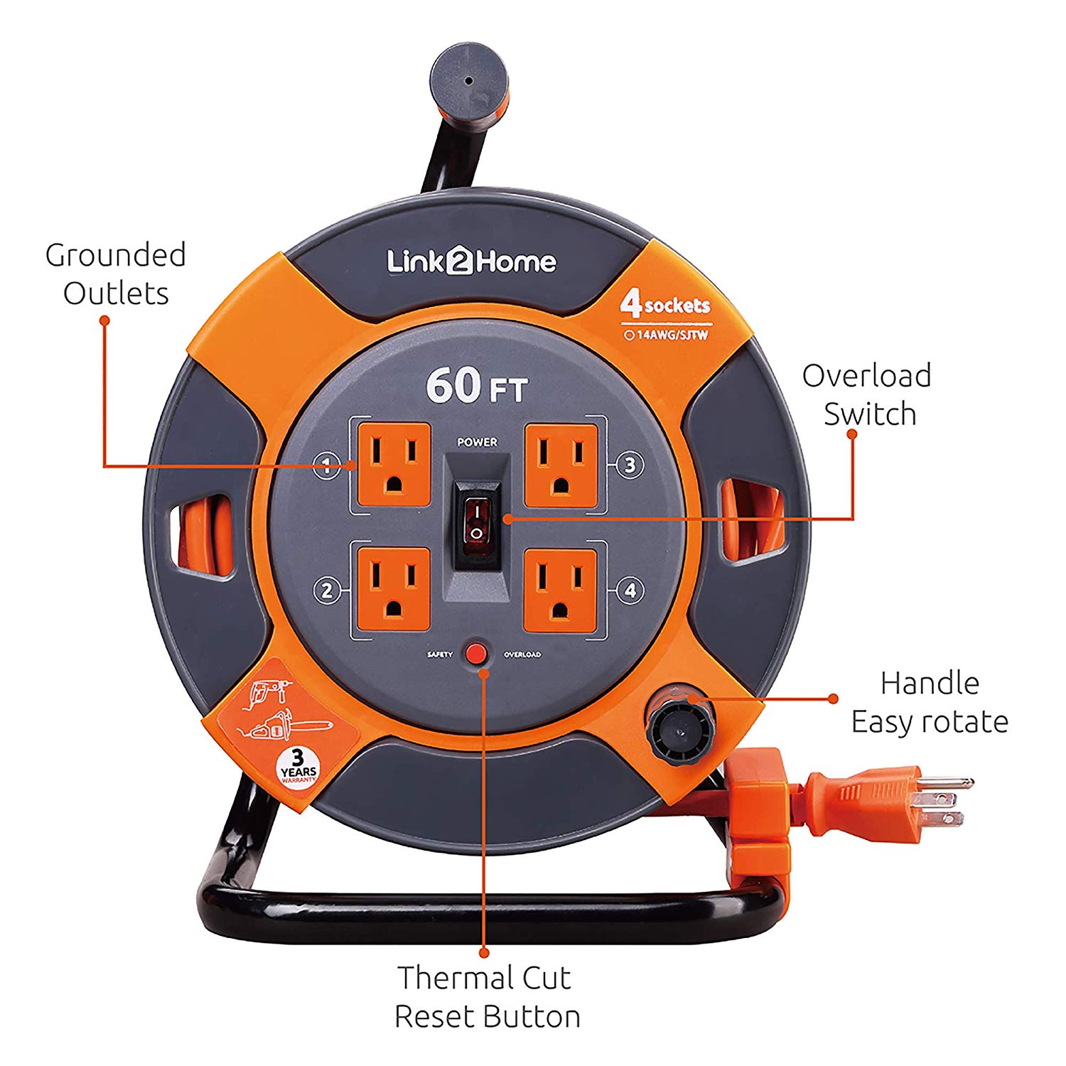 Link 2 Home 60' Extension Cord Reel, 4 Outlets, 14 AWG - Gallery 7