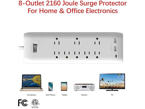 Clear Power 8-Outlet 2160J Surge Protector Power Strip
