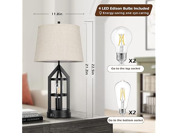BesLowe Dimmable Table Lamps w/USB Ports