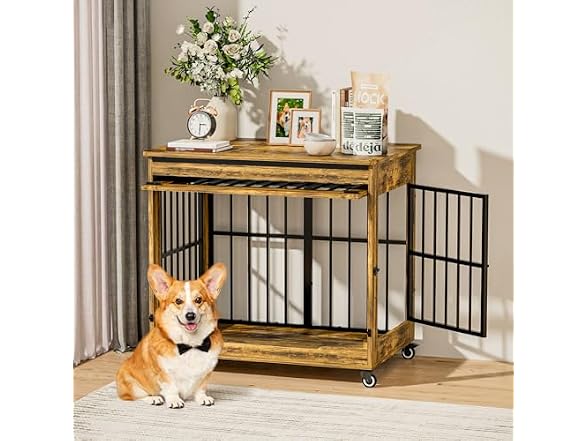 32" Dog Crate Furniture, Double Door Wooden Indoor Dog Kennel Furniture
