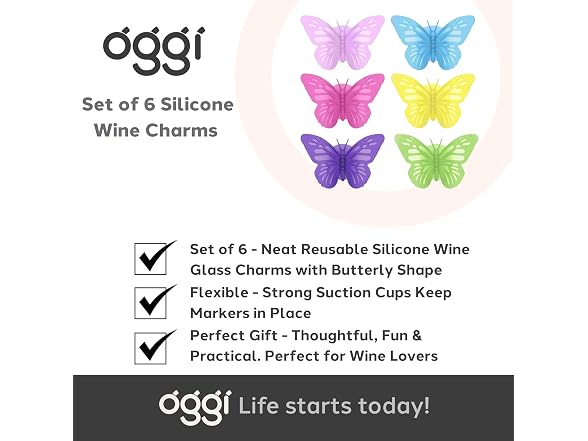 Oggi Set of 6 Silicone Butterfly Suction Wine Glass Charms 