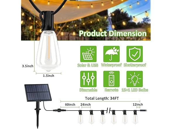 Kondras ST38 Solar String Lights 34FT 2Pk