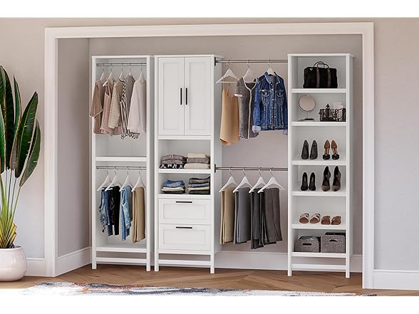 Systembuild Evolution Luxe 2-Shelf Double Clothing Rod Closet Tower, Ivory Oak