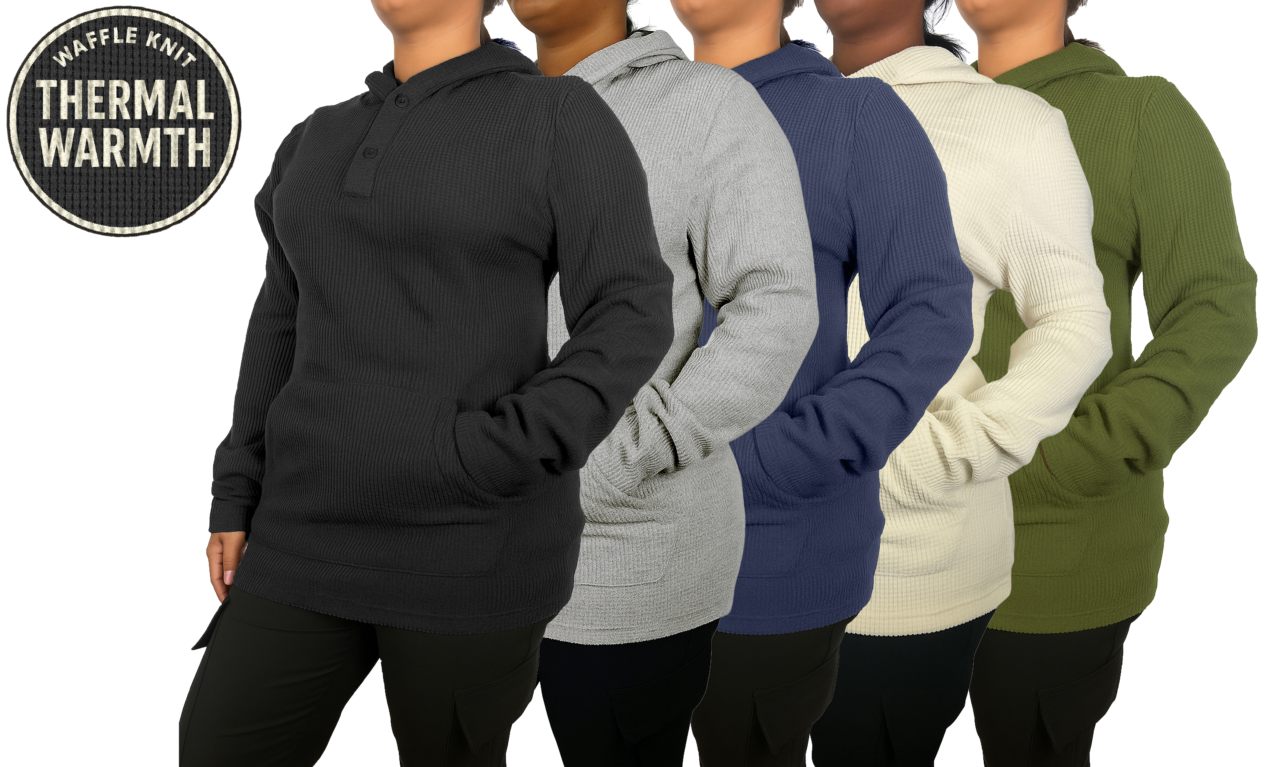 3Pk Womens Waffle-Knit Henley Pullover Hoodie - Gallery 8