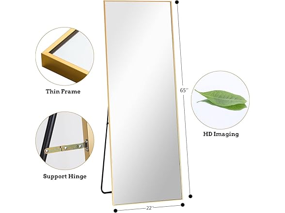 Trvone Full Length Mirror, Gold, 65"x22"