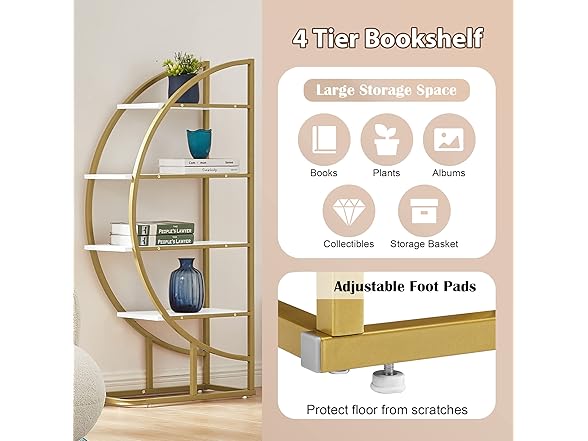 4-Tier L Shaped Bookshelf, Modern Half Moon