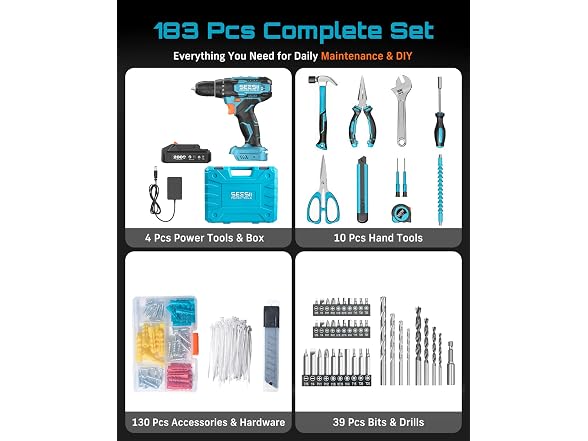 Seesii 20V Power Drill Set 183Pcs Kit