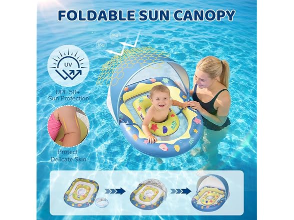 JUNLLY Baby Pool Float with Canopy, Blue