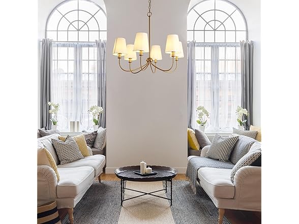 GEPOW Gold Chandelier with 6 Fabric White Shades