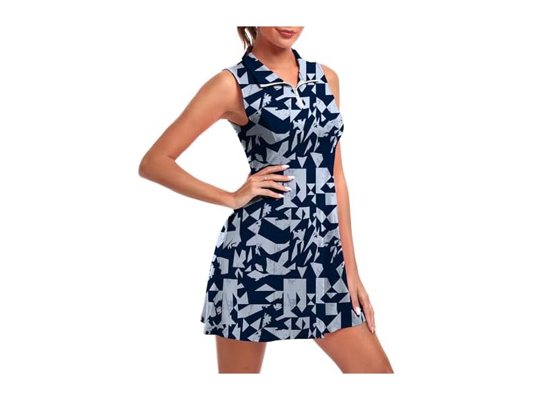 FKEEP Women's Golf Tennis Dress Athletic Workout Dress with Shorts and Pockets (Black Patchwork, S)